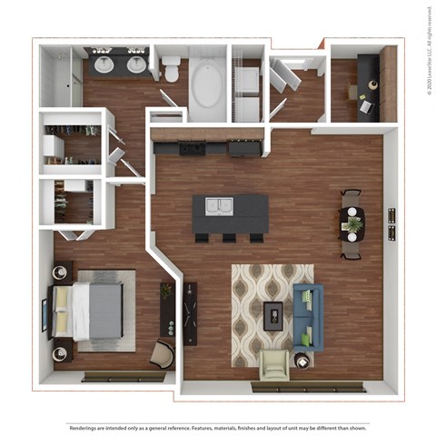 Floor plan for 1 bed, 1 bath, 975 sqft